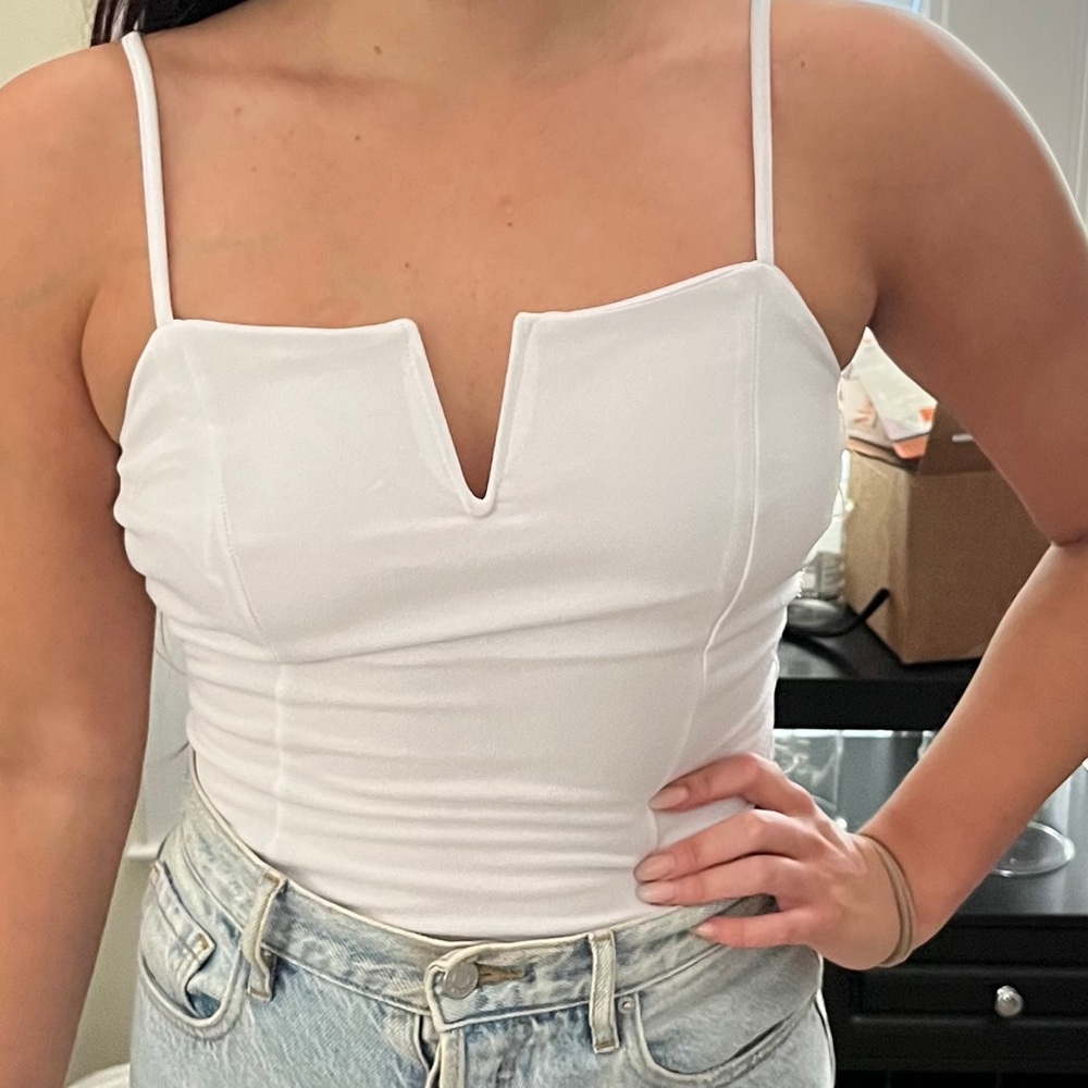 White bodysuit tank notched neck polyester fabric stretchy dressy fitted size M